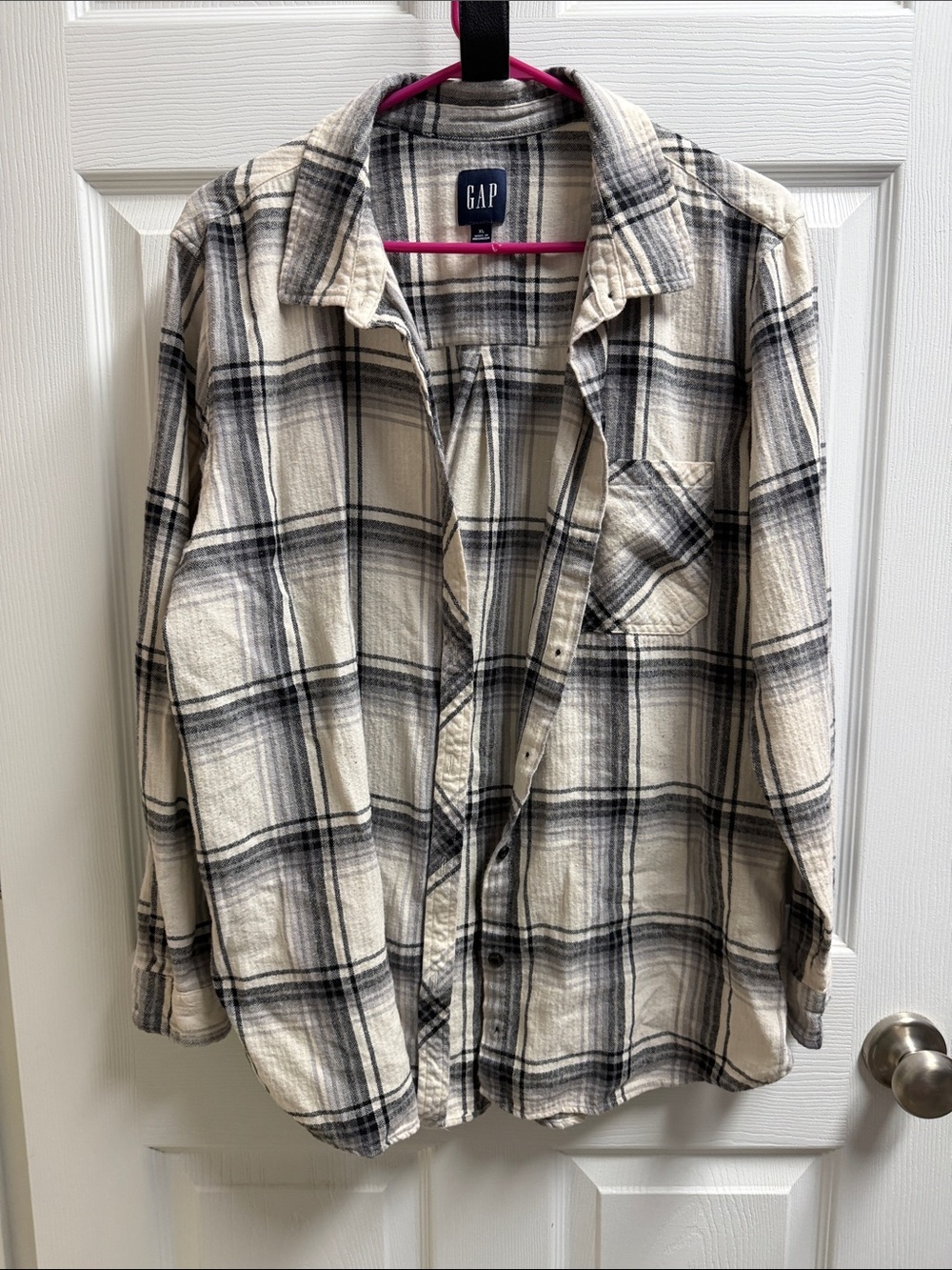 GAP Cream and Black Plaid Button-Down Shirt
